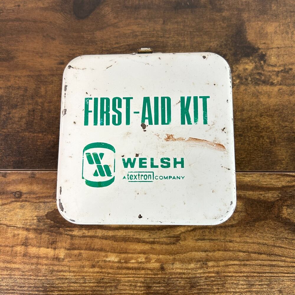 Vintage Metal White Green First Aid Kit Full Box Container Carry or Wall Mount